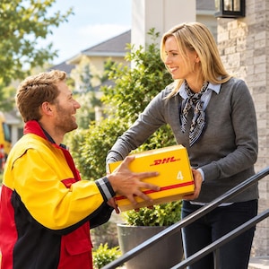 May include: A yellow DHL cardboard box with the red DHL logo and the number 4 printed on the side. The box is being held by two individuals, one wearing a red and yellow jacket and the other wearing a grey sweater and a patterned neck scarf.