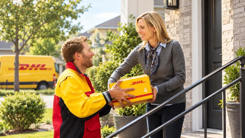 May include: A yellow DHL cardboard box with the red DHL logo and the number 4 printed on the side. The box is being held by two individuals, one wearing a red and yellow jacket and the other wearing a grey sweater and a patterned neck scarf.