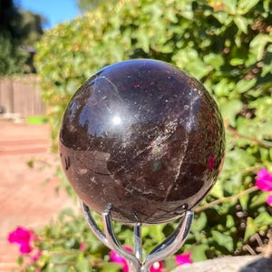 May include: A dark, polished sphere, possibly a gemstone, sits on a silver-colored metal stand. The sphere has a deep, rich color with subtle variations and reflective qualities. The background features green foliage and pink flowers.