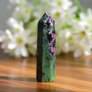 Natural Ruby Zoisite Tower 1.5-4", Polished Hexagonal Point, Anyolite Crystal for Heart Chakra, Vitality & Balance, Unique Home Decor Gift
