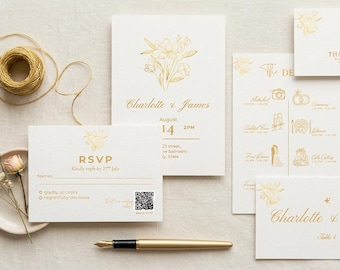 Gold Floral Wedding Invitation Suite, Editable Canva Templates (Digital Download)