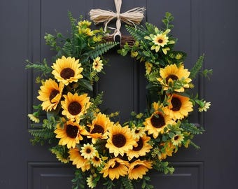 Sunflower Wreath: Half Circle Silk Flowers, Farmhouse Style