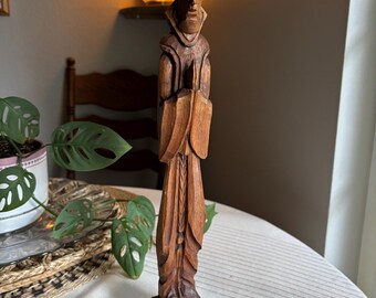 Vintage Hand Carved Wood Monk Statue Brutalist Mid Century Folk Art Saint Figurine