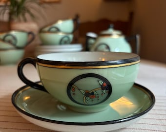 Juego de té Art Déco vintage de Noritake – Verde menta y negro con medallón floral