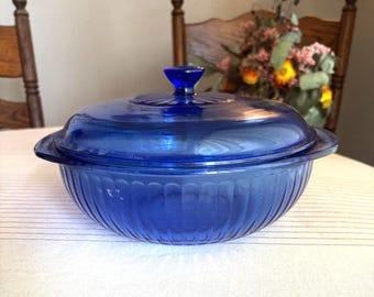 Vintage Pyrex Cobalt Blue Ribbed Glass Covered Casserole Dish