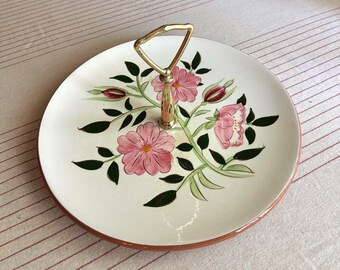 Bandeja para aperitivos de cerámica vintage Stangl con diseño de rosa silvestre y asa - Bandeja de servir floral