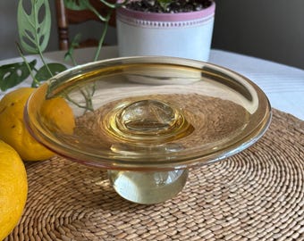 Bol de pedestal de vidrio ámbar vintage, plato con base de vidrio transparente soplado a mano, bol de centro de mesa retro