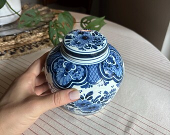Vintage Oud Delft Holland słoik na imbir z pokrywką, niebiesko-biały, ręcznie malowany, chinoiserie