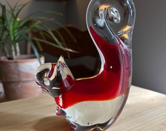 Figura de ardilla de cristal estilo Murano vintage, animal de cristal artístico Sommerso rojo transparente