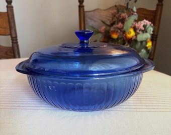 Vintage Pyrex Cobalt Blue Ribbed Glass Covered Casserole Dish