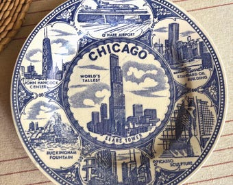 Vintage Chicago souvenirtallrik - blå och vit transferware samlartallrik