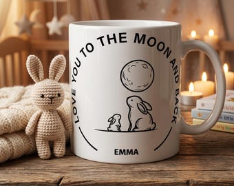 Tazza in ceramica personalizzata con nome | Coniglietto "Ti amo fino alla luna e ritorno" | Tazza da caffè bianca | Regalo per lei