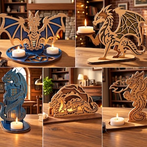 Può includere: Un set di cinque portacandele e decorazioni in legno tagliati al laser a tema drago. La collezione include varie sagome di draghi con intagli complessi, alcune con accenti blu, progettate per uno spessore del materiale di 3 mm.
