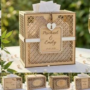 Könnte beinhalten: Eine rechteckige Kartenbox aus Holz mit lasergeschnittenen Gitterseitenwänden und einem Schlitz oben. Die Vorderseite zeigt ein herzförmiges Vorhängeschloss und den eingravierten Text Michael & Emily 25.07.2026. Materialstärke beträgt 3 mm.