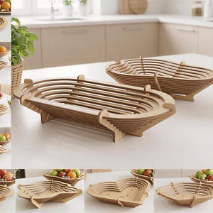 May include: A collection of ten laser-cut wooden fruit baskets in various shapes, including oval, rectangular, and heart designs. The baskets feature slatted, collapsible structures with a 3mm material width. Text includes 10 DESIGN LASER CUT READY FILES.