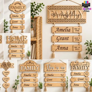 Pode incluir: Uma coleção de dez placas de parede de madeira cortadas a laser com vários designs temáticos de família, nomes e datas. Cada placa inclui peças de madeira suspensas por cordas, algumas com borlas, exibindo textos como BLESSED, FAMILY, HOME e This is us.