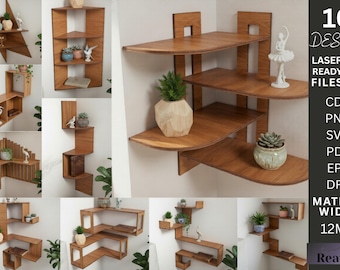 Drewniany zestaw półek narożnych SVG, wycinany laserowo regał ścienny, projekt pływającej półki, pliki Glowforge CNC, nowoczesne plany półek