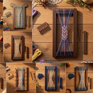 May include: A collection of ten rectangular wooden weaving looms with various intricate laser-cut frame designs, each featuring colorful thread patterns, accompanying wooden combs, and shuttles, with text stating 10 DESIGN LASER CUT READY FILES.