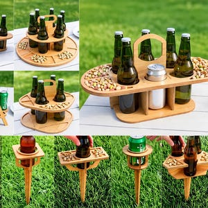 May include: A collection of laser-cut wooden beverage and snack holders featuring various designs, including tiered trays, carrying caddies, and ground stakes. The text 10 DESIGN LASER CUT READY FILES CDR PNG SVG PDF EPS DFX MATERIA WIDTH 6MM is visible.
