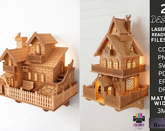 Zestaw lampek nocnych na ścianę z domkiem wróżek w formacie SVG, lampa w stylu rustykalnym LED, pliki CNC wycinane laserowo Glowforge