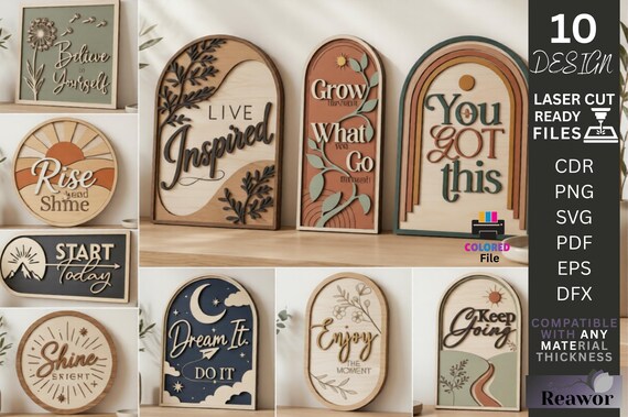 Inspirational Sign SVG Bundle, 10 Laser Cut Layered Quote Sign Files, Glowforge Boho Motivational Shelf Sitter, Home Office Decor DXF CNC