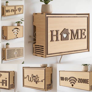 May include: A collection of ten laser-cut wooden wall-mounted router storage boxes featuring various designs including text like HOME, WI-FI, and FREE WI-FI. The boxes are made from 3mm thick material and include digital file formats like CDR, PNG, and SVG.