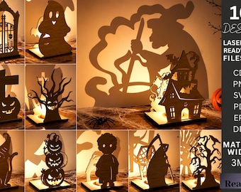 Portacandele di Halloween SVG - Decorazione lanterna ombra - Portacandele spettrale - Decorazione di Halloween tagliata al laser - File Glowforge svg