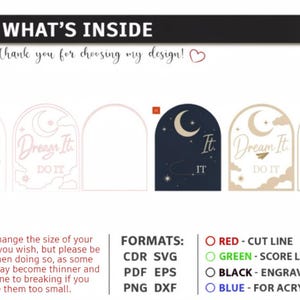 Pu&ograve; includere: Un set di file digitali scaricabili con design a forma di arco che presentano motivi di lune, stelle e nuvole. Il testo recita Dream It DO IT. Include varie versioni a colori, disegni al tratto e riempimenti solidi in diversi formati.