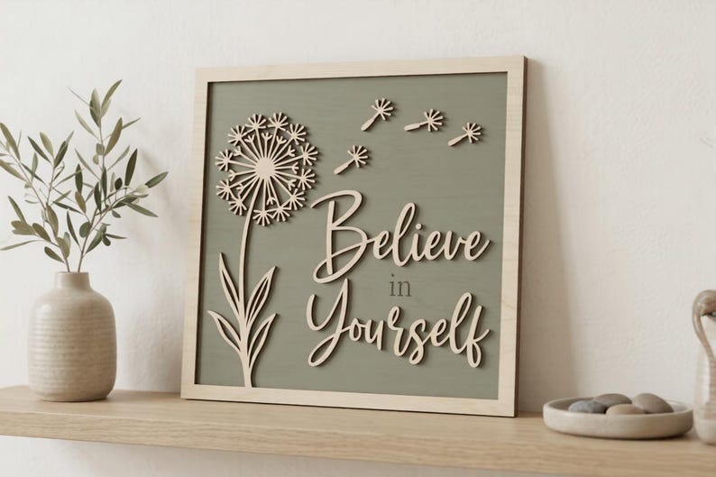 Pu&ograve; includere: Una targa da parete quadrata in legno con sfondo verde salvia chiaro e cornice in legno naturale. Presenta un disegno di tarassaco tagliato al laser con semi fluttuanti e il testo "Believe in Yourself" in carattere corsivo di legno in rilievo.