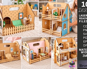 May include: A collection of laser-cut wooden dollhouse designs featuring various room layouts, furniture pieces, and decorative elements. The text includes 10 DESIGN LASER CUT READY FILES CDR PNG SVG PDF EPS DFX MATERIAL WIDTH 3MM and Reawor.
