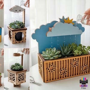 May include: A collection of laser-cut wooden planters with succulent plants. Designs include puzzle pieces, cloud and sun motifs, and geometric patterns. The image also displays the text "10 DESIGN LASER CUT READY FILES".