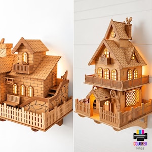 Può includere: Due modelli di case in legno tagliate al laser con illuminazione interna, caratterizzati da intricati motivi in mattoni, balconi e staccionate. Il testo include 2 DESIGN, LASER CUT READY FILES, CDR, PNG, SVG, PDF, EPS, DFX, MATERIA WIDTH 3MM, Reawor.