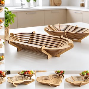 May include: A collection of ten laser-cut wooden fruit basket designs shown in various shapes including oval, heart, and rectangular forms. The text on the right specifies 10 DESIGN LASER CUT READY FILES in CDR, PNG, SVG, PDF, EPS, DFX formats with a 3MM MATERIA WIDTH.