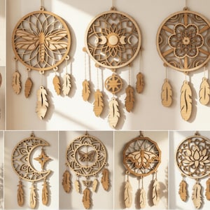 Könnte beinhalten: Eine Sammlung von zehn lasergeschnittenen Traumfänger-Designs aus Holz mit Mustern wie einer Libelle, Mondphasen, einem Herz und einer Lotusblume. Der Text enthält 10 DESIGN, LASER CUT READY FILES, CDR, PNG, SVG, PDF, EPS, DFX und Reawor.