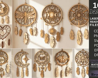Pakiet Dream Catcher SVG, pliki do cięcia laserowego dekoracji ściennych w stylu boho, drewniane pliki Cnc do łapaczy snów Glowforge