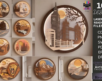 Pakiet dekoracji ściennych 3D z warstwami w formacie SVG, pliki wycinane laserowo do pudełek LED Shadow Box, pakiet dekoracji ściennych Glowforge