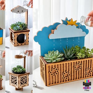 May include: A collection of laser-cut wooden planter designs featuring various shapes like clouds, suns, and puzzle pieces. These planters include integrated water-drip mechanisms for succulents. Text includes 10 DESIGN, LASER CUT READY FILES, and MATERIA WIDTH 6MM.