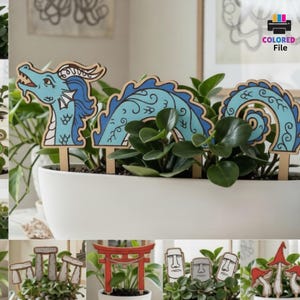 Dekorative Pflanzenstecker (SVG-Bundle), 10 lasergeschnittene Dateien für Blumentopfdekorationen, Glowforge Drachenpilz-Pflanzenstecker, Zimmerpflanzendeko (DXF/CNC)