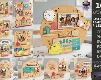 Zestaw prezentów dla nauczyciela w formacie SVG, spersonalizowana ramka na zdjęcia, tabliczka z podziękowaniami, pliki CNC wycinane laserowo Glowforge