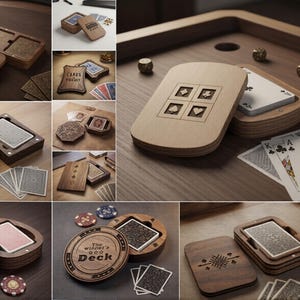 Peut inclure: Plusieurs modèles de boîtes et de supports à cartes en bois. Certains présentent des symboles de jeu gravés, d'autres des motifs décoratifs et du texte. Des cartes à jouer et des jetons de poker sont également visibles. Le texte sur l'image indique "10 DESIGN" et "LASER CUT READY FILES".