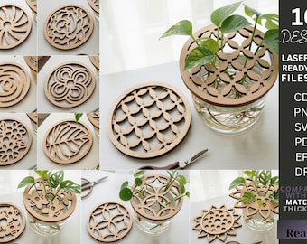 Pakiet plików SVG do stacji rozmnażania roślin, drewniana osłona na wazon, wycinany wzór kwiatowy, pliki CNC wycinane laserowo Glowforge