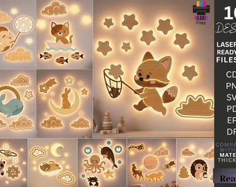 Zestaw lampek nocnych dla dzieci w formacie SVG, kinkiet do pokoju dziecięcego, lampa LED w kształcie zwierząt, wystrój pokoju dziecięcego, pliki CNC wycinane laserowo Glowforge