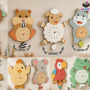 Op de afbeelding: Een collectie van tien lasergesneden houten wandklokken met diverse dierontwerpen, waaronder een schildpad, hamster, schaap, nijlpaard, ezel, aap, kip, muis, papegaai en kikker. Elke klok heeft een ronde wijzerplaat met zwarte cijfers.