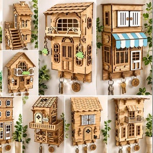 Peut inclure: Une collection de 10 organisateurs muraux en bois découpés au laser en forme de maison avec des crochets pour clés. Les designs présentent des détails architecturaux comme des balcons, fenêtres et toits. Texte inclus : 10 DESIGN, LASER CUT READY FILES, CDR, PNG, SVG, PDF, EPS, DFX, MATERIAL WIDTH 3MM, Reawor.