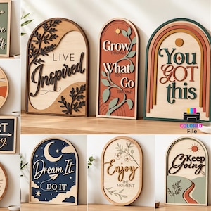 Pu&ograve; includere: Una collezione di dieci insegne da parete in legno tagliate al laser con varie frasi motivazionali come Believe Yourself, Rise and Shine e You Got This, in forme arcuate, circolari e rettangolari con design a strati dai toni terra.