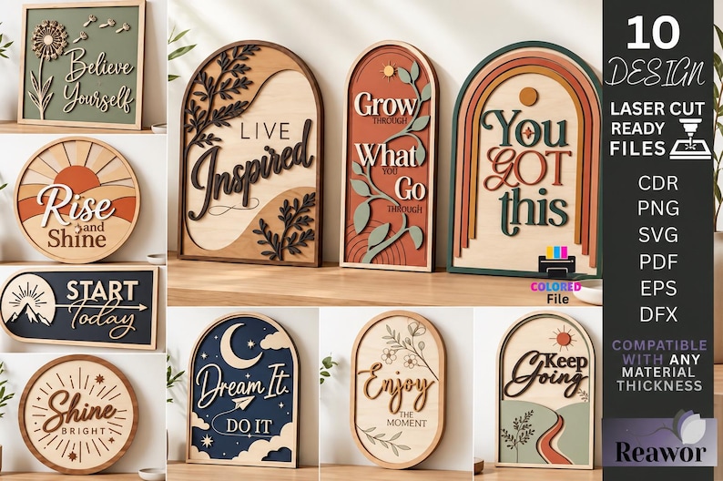 Pu&ograve; includere: Una collezione di dieci insegne da parete in legno tagliate al laser con varie frasi motivazionali come Believe Yourself, Rise and Shine e You Got This, in forme arcuate, circolari e rettangolari con design a strati dai toni terra.