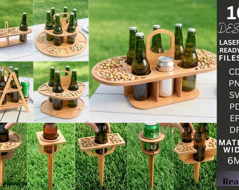 Drewniany pojemnik na piwo SVG, wycinany laserowo uchwyt na butelkę, taca na przekąski, pliki CNC Glowforge, plany piknikowego pojemnika na napoje
