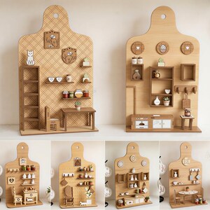 May include: A collection of 10 laser cut wooden miniature kitchen wall displays featuring various shelves, furniture, and decor items. The text includes 10 DESIGN, LASER CUT READY FILES, CDR, PNG, SVG, PDF, EPS, DFX, MATERIA WIDTH 3MM, and Reawor.