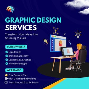 May include: A digital graphic design services advertisement with the text "GRAPHIC DESIGN SERVICES" in white and blue. The ad includes a computer graphic, a person working on a computer, and icons representing design elements. The ad also lists services and benefits.