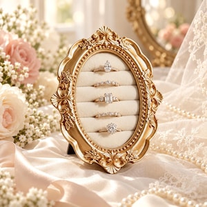 May include: An oval gold-toned ring display frame with an ornate, embossed border featuring floral motifs. The interior is lined with cream-colored velvet, containing five horizontal slots holding five distinct diamond-style rings.